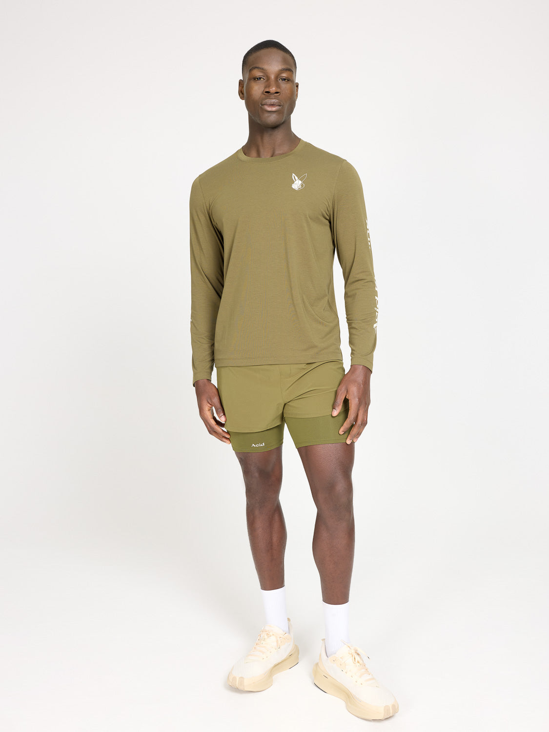 Acid Running Long Sleeve T-Shirt in Dark Olive Sustainable Materials